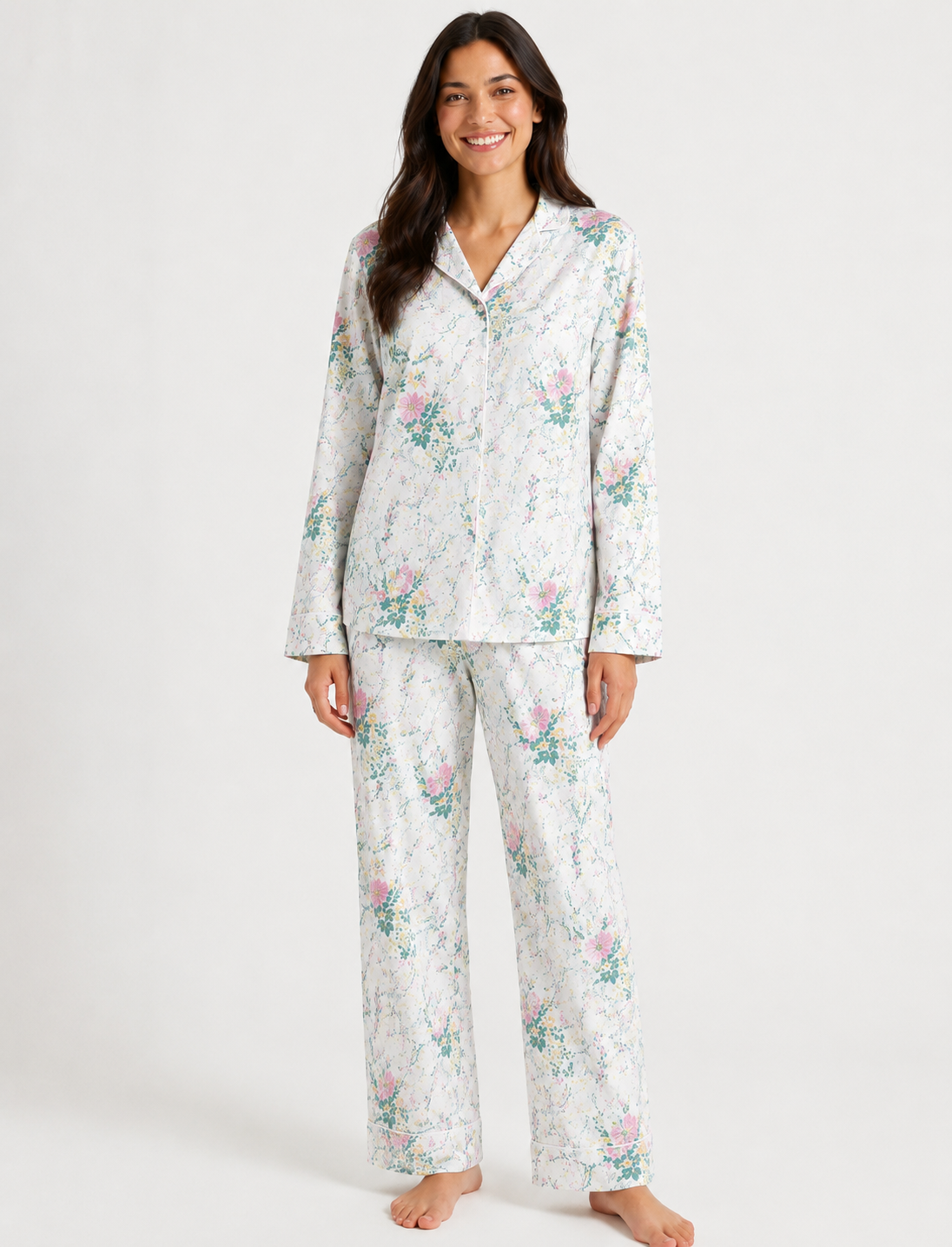Women's Floral Cotton Pyjama Set – Long Sleeve Button-Up Shirt & Full-Length Pants