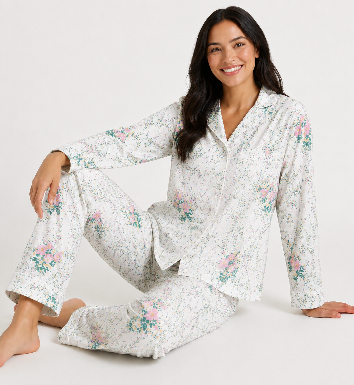 Women's Floral Cotton Pyjama Set – Long Sleeve Button-Up Shirt & Full-Length Pants