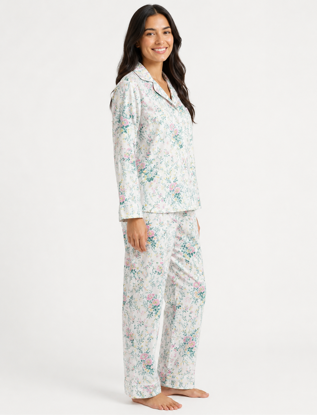 Women's Floral Cotton Pyjama Set – Long Sleeve Button-Up Shirt & Full-Length Pants