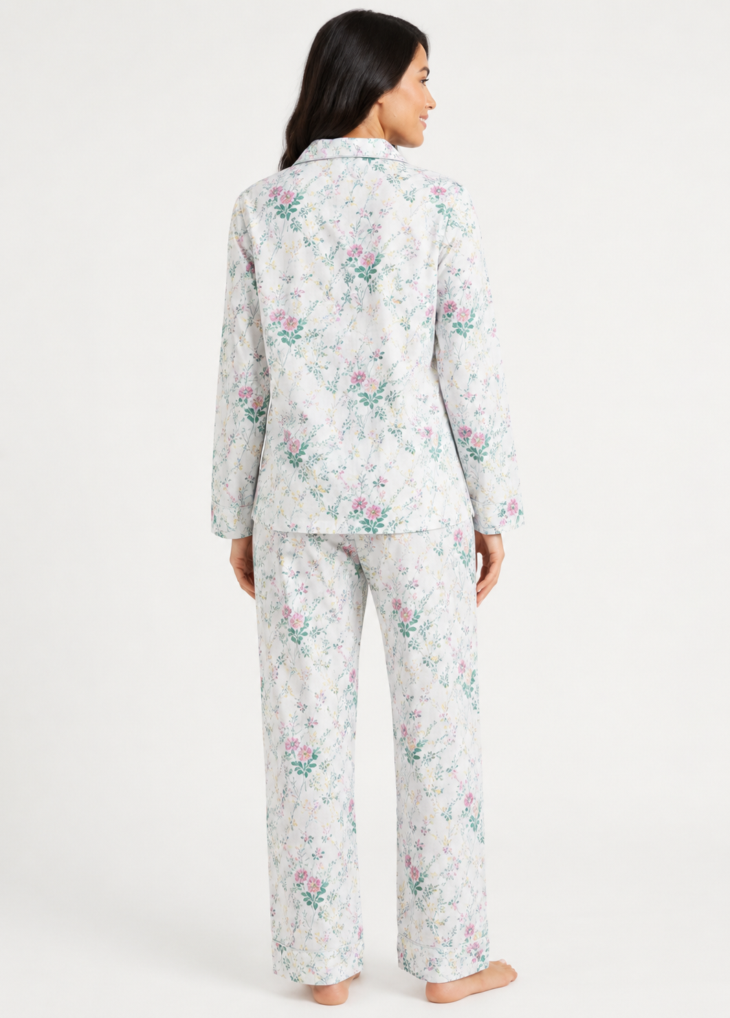 Women's Floral Cotton Pyjama Set – Long Sleeve Button-Up Shirt & Full-Length Pants