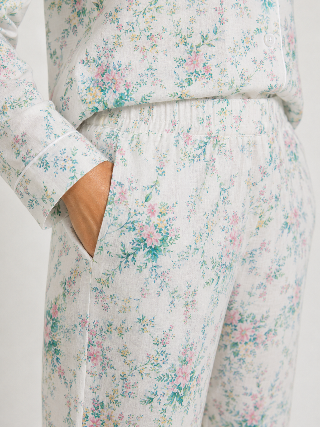 Women's Floral Cotton Pyjama Set – Long Sleeve Button-Up Shirt & Full-Length Pants