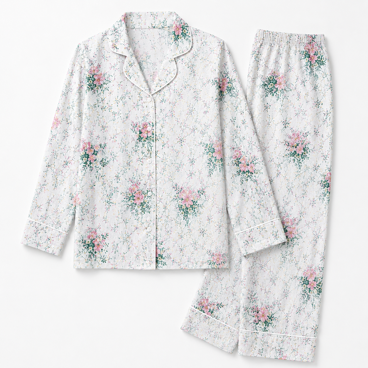 Women's Floral Cotton Pyjama Set – Long Sleeve Button-Up Shirt & Full-Length Pants
